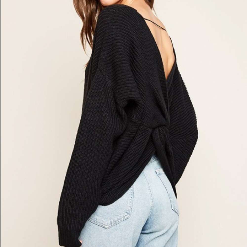 Black Twist Cross Back Oversized V Neck Sweater - Picture 2 of 3